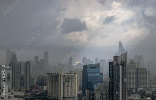 Bangkok, thailand - Jan 22, 2022 : Morning scene after rain of various skyscrapers at Bangkok city. Selective focus.