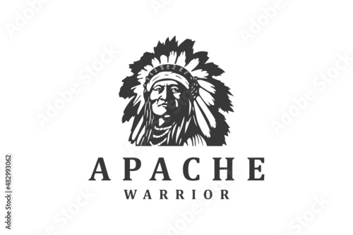 apache warrior face indian ethnic with feather chief, western vintage logo design photo