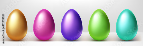 Colorful Easter eggs row, isolated gold, pink, purple, green and blue 3d vector objects on white background. Painted shiny chicken eggs, holiday decorative design elements, Realistic illustration, set