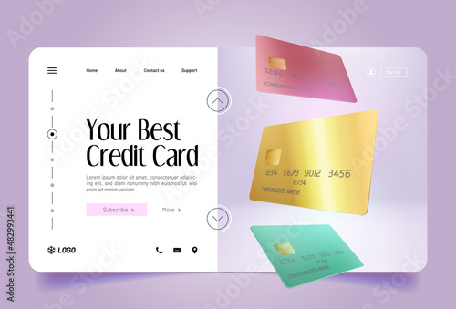 Best credit card banner. Vector landing page of personal banking service with realistic illustration of 3d gold, red and green blank bank cards with electronic chip