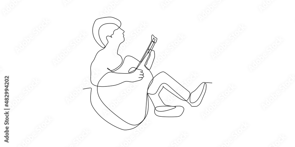 continuous line drawing of sitting guitarist playing guitar. Musical home wall decor art poster print concept. Modern one line draw design vector illustration