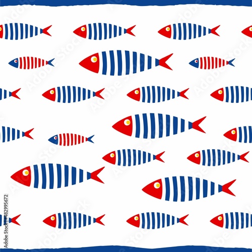 Seamless sardine fish pattern is suitable for packaging paper, wallpaper, textiles, fabric, clothing. Children's and adult themes.