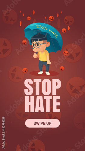 Stop Hate, protest poster against racism, violence, hatred and discrimination. Vector social media template with cartoon illustration of asian boy with umbrella under rain of falling negative emoji