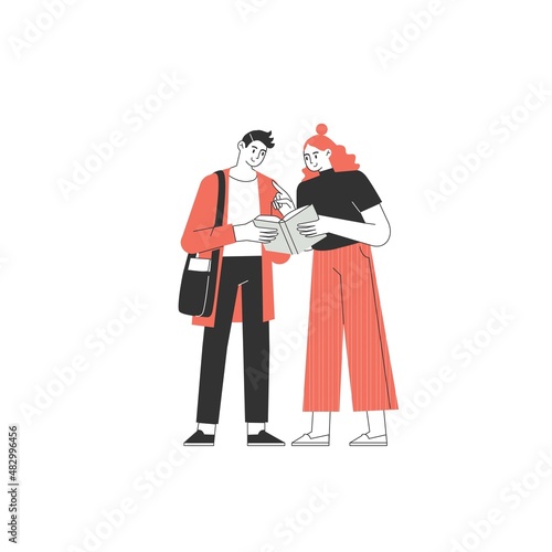 The concept of daily reading. Man and woman holding a book. Human characters on white background. Minimal vector illustration in flat design style.