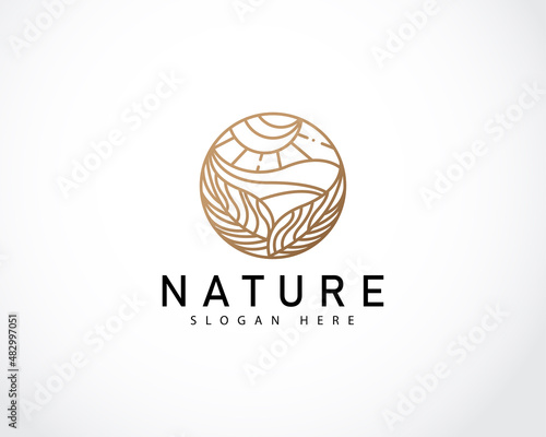 Tropical plant logo. Circle flower emblem in linear n circle style. Vector abstract badge for natural product design, florist, cosmetics, ecology concept