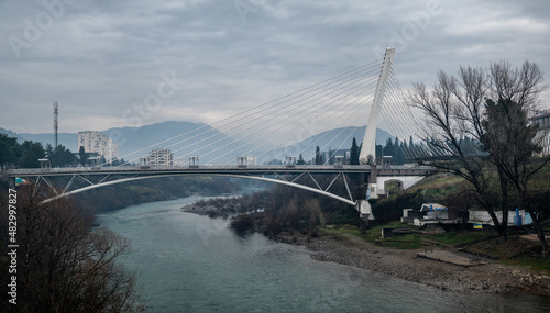 Millenium bridge over the river Moraca in Podgorica, Montenegro. evening, winter, cloudy © Celt Studio