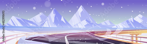 Car overpass road, frozen lake, snow and mountains on horizon. Vector cartoon illustration of winter landscape with highway bridge, ice on river, white rocks and snowfall