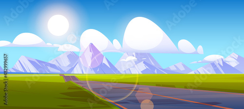 Highway at mountains landscape, empty road modern infrastructure with markup. Two-lane asphalted straight way, rocks and green field perspective view, summer nature, Cartoon vector illustration