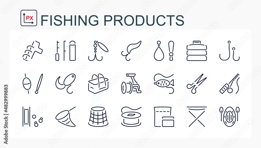 A set of vector illustrations, icons from a thin line. Equipment and goods for fishing, traveling and camping. A set of vector illustrations, icons from a thin line. Equipment and goods for fishing, traveling and camping.