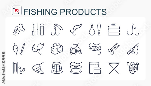 A set of vector illustrations, icons from a thin line. Equipment and goods for fishing, traveling and camping.