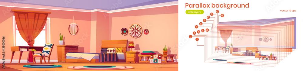Obraz premium Bedroom in boho style with bed, desk, chair, round carpets and macrame decoration on wall. Vector parallax background for 2d animation with cartoon bohemian interior with wooden furniture