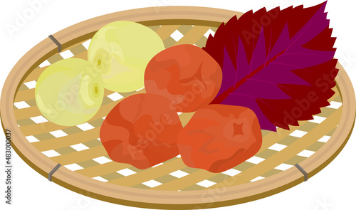 梅干しと青梅、赤紫蘇のカゴ盛りイラスト