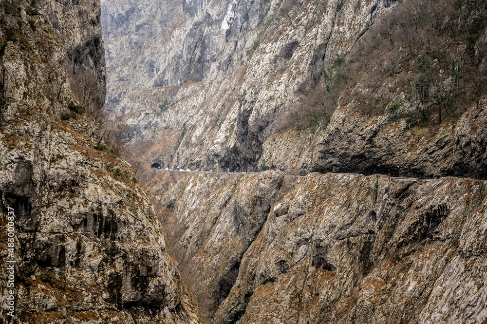 River Moraca, canyon Platije. Beautiful Canyon of Moraca in winter, Montenegro or Crna Gora, Europe. montenegro, canyon, mountain road. River Moraca, canyon Platije. Beautiful Canyon of Moraca in winter, Montenegro or Crna Gora, Europe. montenegro, canyon, mountain road.