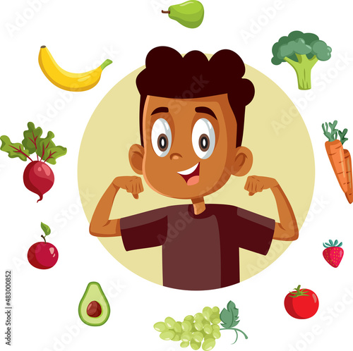 Healthy Strong Little Boy Eating Healthy Concept Cartoon Illustration