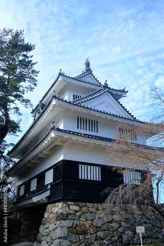 Panorama of Okazaki castle in winter season with blue sky background and tree