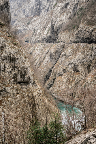 River Moraca, canyon Platije. montenegro, canyon, mountain road. Picturesque journey along roads of Montenegro among rocks and tunnels