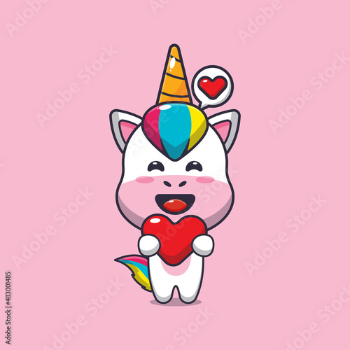 cute unicorn mascot cartoon character illustration in valentine day