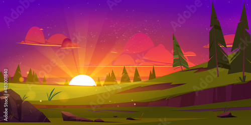 Hills with green grass, conifers and sun on horizon at sunset. Vector illustration of summer or spring landscape of meadow or pasture with plants, trees and stones at evening