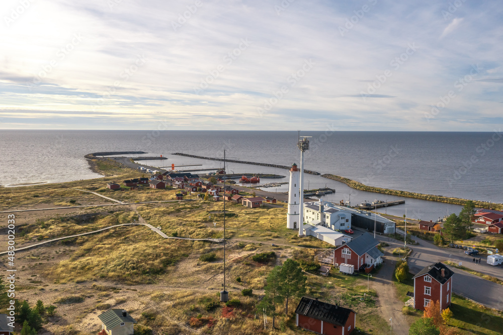 Finland, Hailuoto September 26, 2021. Moyak and fishing village Road, view from the top to the coastline. Landscape from a drone on an autumn sunny day. Nature and landscape of Scandinavia