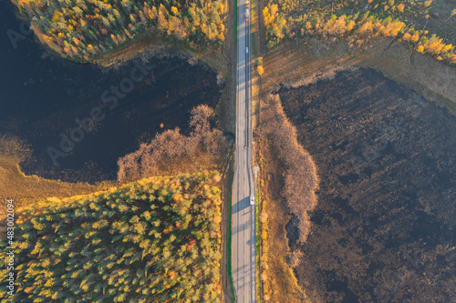 Finland, Hailuoto September 27, 2021. Road, top view of the coastline. Landscape from a drone on an autumn sunny day. Nature and landscape of Scandinavia