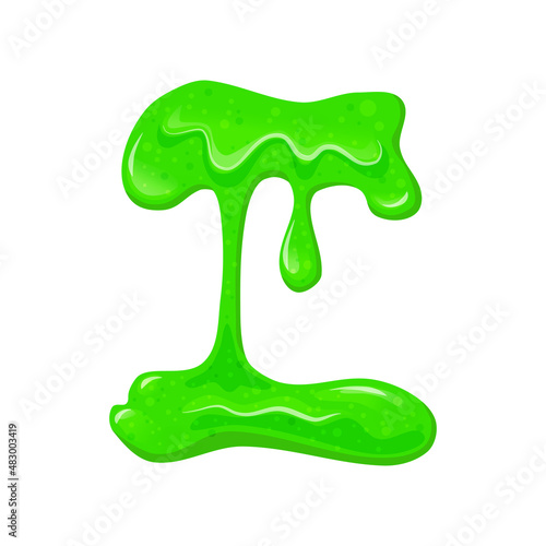 Shiny flowing green slime on a white isolated background. Viscous liquid spill. Toy for children. Vector cartoon illustration.
