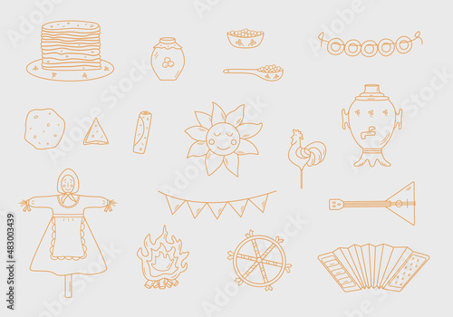 A set of doodle elements of pancake day. Vector illustration of icons of the traditional Russian holiday Maslenitsa. Sun, scarecrow, accordion balalaika, samovar,
