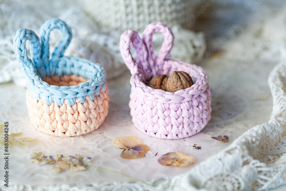 crochet Baskets with ears for the home of cord and knitted yarn crochet Baskets with ears for the home of cord and knitted yarn