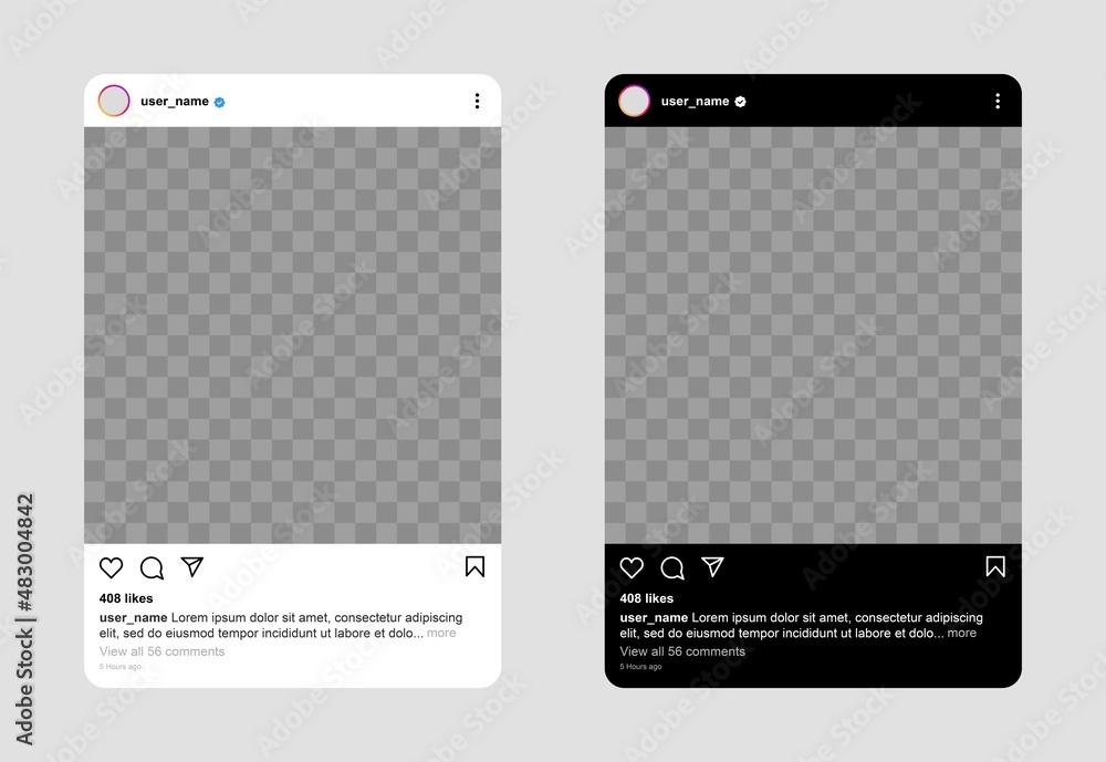 Vecteur Stock Lombok, Indonesia - January 27, 2022: Instragram frame  template with light and dark theme. Square instagram post template.  Instagram screen social network mockup. | Adobe Stock