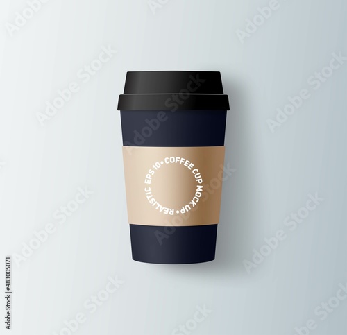 Realistic paper coffee cups in black colors. 3D vector mockup. Plastic and carton brown coffee or tea cup mock up.