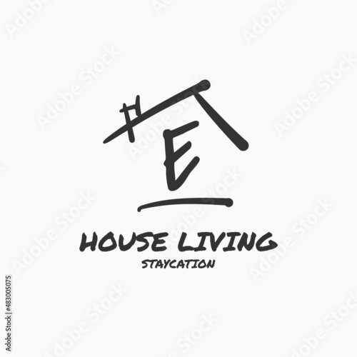letter E minimalist doodle house vector logo design