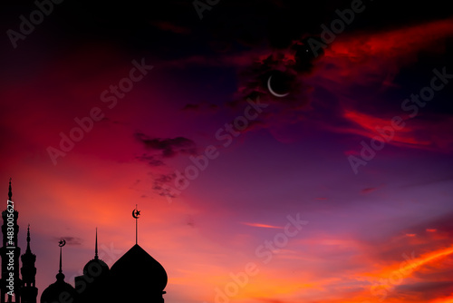 Papier peint Mosques Dome shadow on twilight sky night red dark black with Crescent Moon ramadan islamic religion symbols