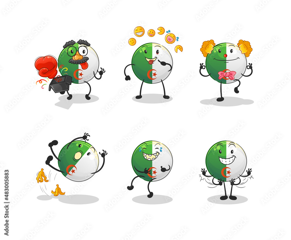 Naklejka premium algerian flag comedy set character. cartoon mascot vector
