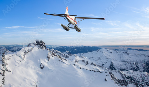 Fototapeta Naklejka Na Ścianę i Meble -  Seaplane flying over the Rocky Mountains. 3d Rendering Airplane Adventure Artwork. Aerial Image from British Columbia, Canada.