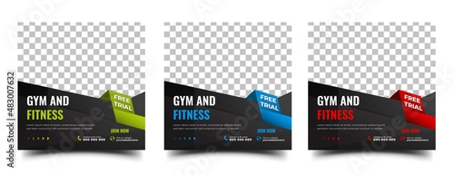 Fitness, gym, and workout social media post design template. Editable modern square banner with place for the photo. Usable for social media post, banner, and web