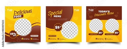 Set of Square banner design template for food promotion. Yellow and brown background with place for the photo. Usable for social media post, banner, brochure menu, and web ad.