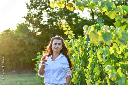 Young beautiful smiling woman sitting with a cat in a Vineyard with a glass of rose wine. Woman playing with cat during the summer vacation