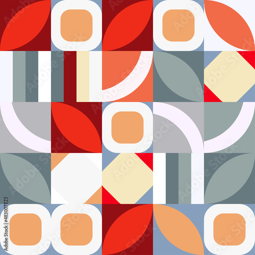 Geometrical abstract texturedesign with colorist shapes. Geometric background in pink, grey, blue, red color. Simple elements composition, illustration and vector