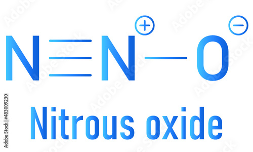 Nitrous oxide or NOS, laughing gas, N2O molecule. Used in surgery as analgesic and anesthetic drug, and also as oxidizer in rocket motors and combustion engines. Skeletal formula.