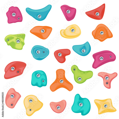 Holds for rock climbing on bouldering wall. Grips and pitches set for extreme sport. Vector
