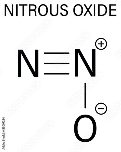 Nitrous oxide or NOS, laughing gas, N2O molecule. Used in surgery as analgesic and anesthetic drug, and also as oxidizer in rocket motors and combustion engines. Skeletal formula.