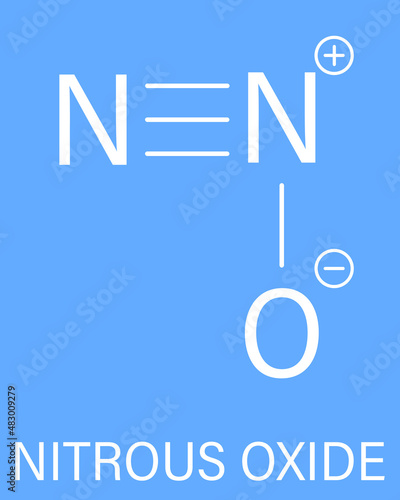 Nitrous oxide or NOS, laughing gas, N2O molecule. Used in surgery as analgesic and anesthetic drug, and also as oxidizer in rocket motors and combustion engines. Skeletal formula.