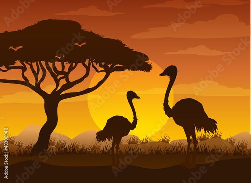 Silhouette savanna forest with wild animals