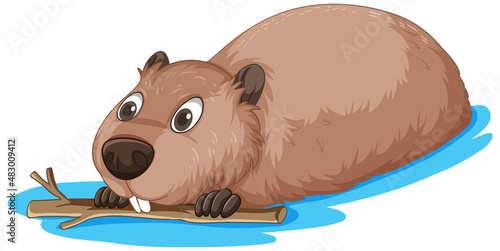 A beaver holding a wood stick in the water