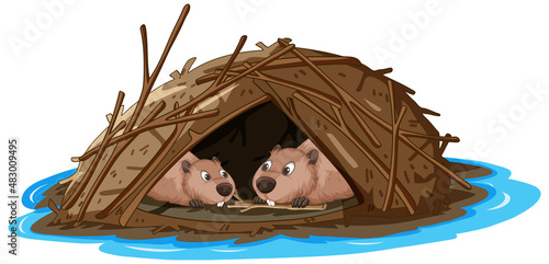 Beavers living in a dam in cartoon style