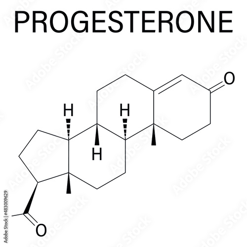 Progesterone female sex hormone molecule. Plays role in menstrual cycle and pregnancy. Skeletal formula.