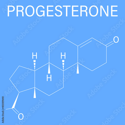 Progesterone female sex hormone molecule. Plays role in menstrual cycle and pregnancy. Skeletal formula.