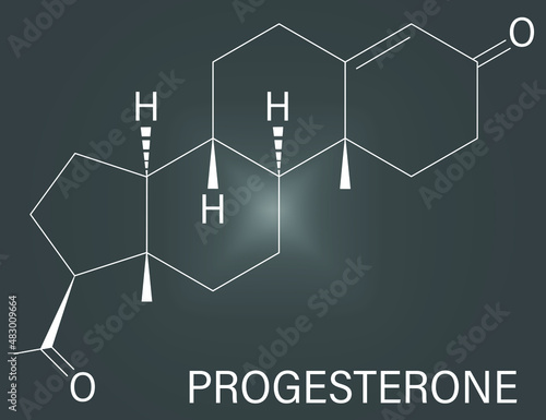 Progesterone female sex hormone molecule. Plays role in menstrual cycle and pregnancy. Skeletal formula.