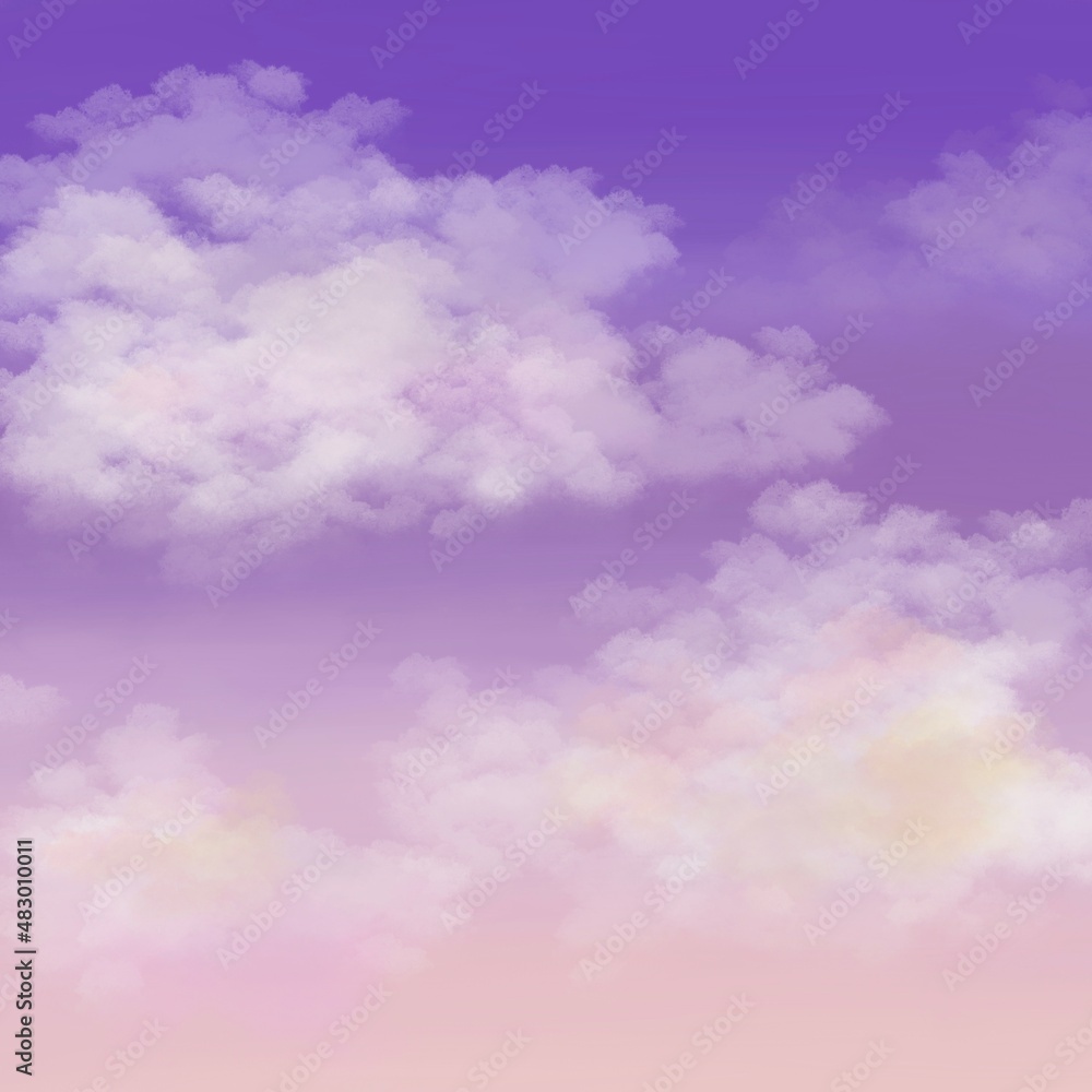 Pink-violet evening sky with white cloud in hand-drawing style