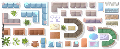Furniture elements top view for living room, office, house, apartment. Interior icon, sofa, chairs, plants. Collection of Isolated Furniture symbols set for interior design