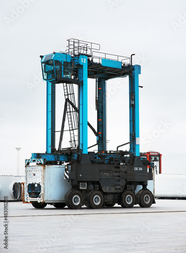 Crane power. A blue crane vehicle.